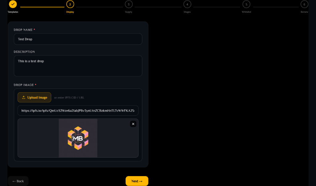 Drop step 2: display info