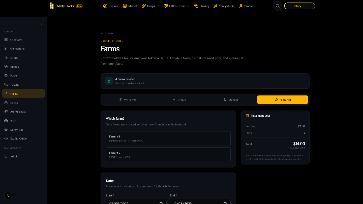 The Featured tab with the farm picker listing only farms created by this account