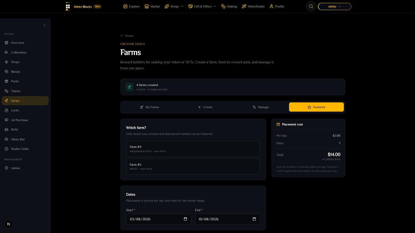 The Placement cost panel showing per-day price, day count, dollar total and the converted WAX amount